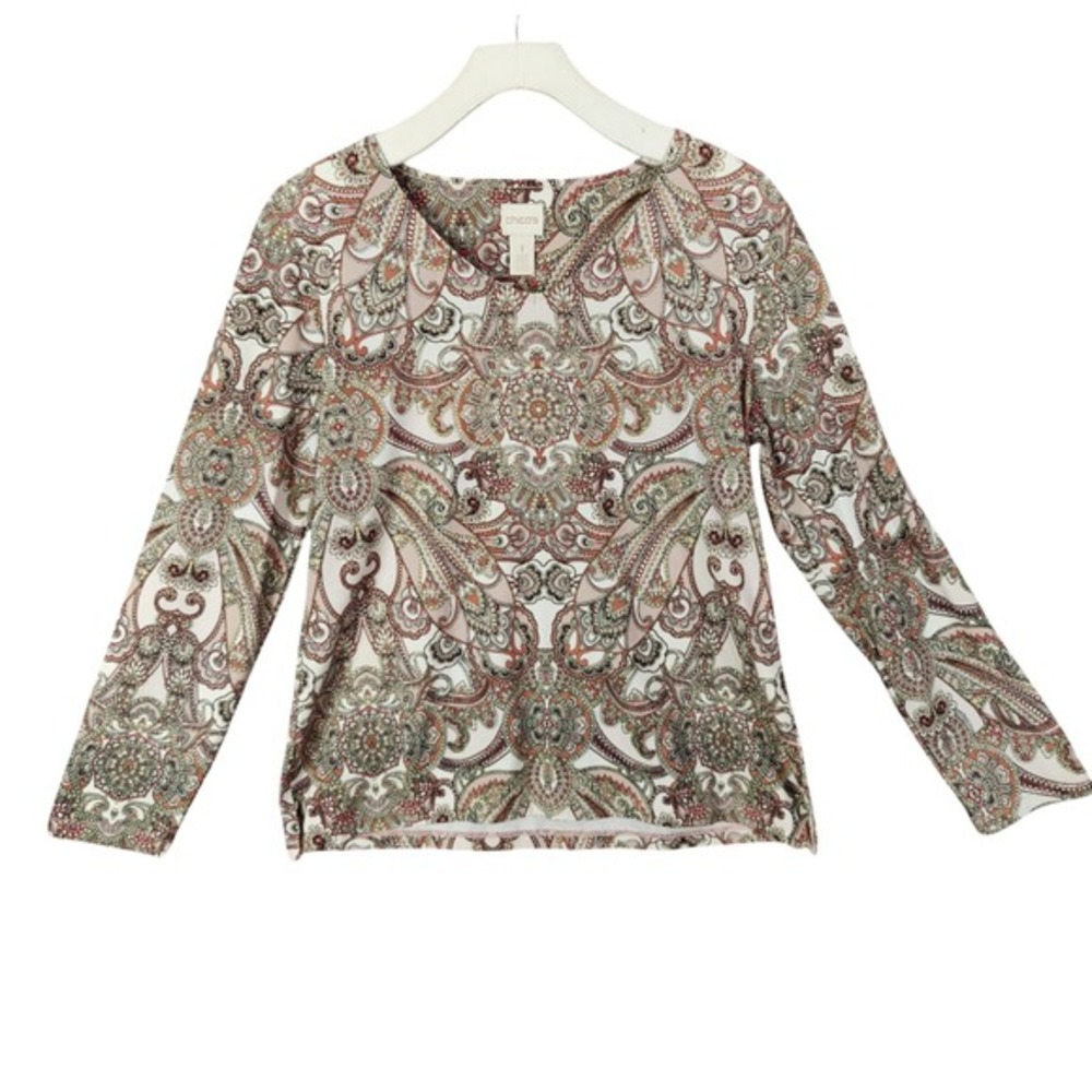 Chicos Paisley Regency Long Sleeve VNeck Boho Top Womens 1 US Medium Multicolor